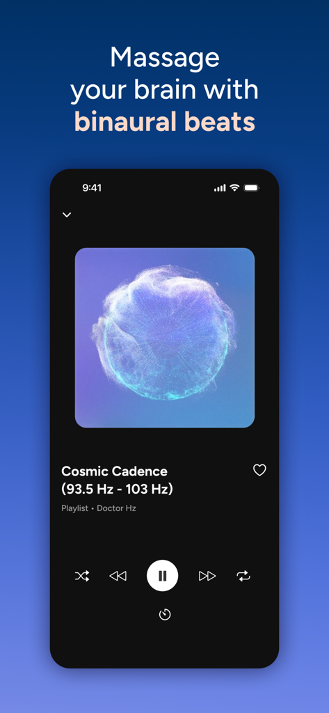 Calm Sleep - Rest & Relax - Interface of the Calm Sleep app showing the binaural beats feature with Cosmic Cadence audio track.