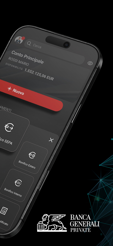 Interface of Banca Generali Private app in dark mode showing account details and transfer options