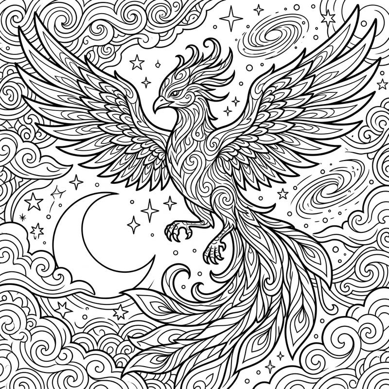 Unleash your creativity with this enchanting Spirit Phoenix coloring page, set against a stunning celestial night sky. Dive into a world of intricate details, swirling patterns, and sparkling stars for a truly magical coloring experience.