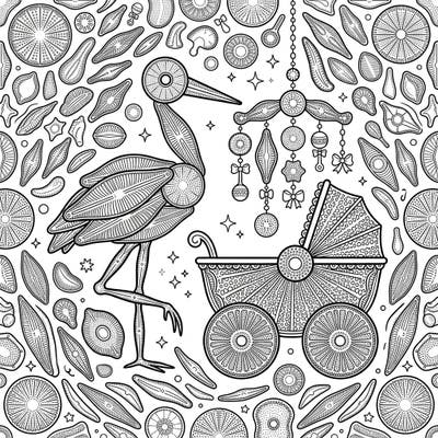 Celebrate new beginnings with this remarkably unique baby shower coloring page. It features an elegant stork and a charming baby carriage, all intricately adorned with the microscopic beauty of diatoms.