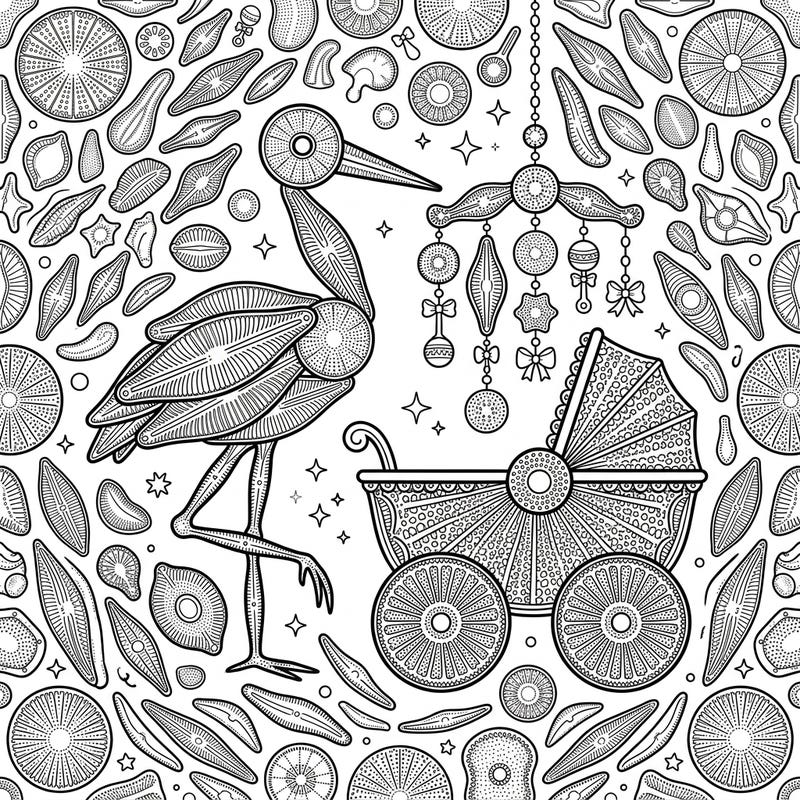 Celebrate new beginnings with this remarkably unique baby shower coloring page. It features an elegant stork and a charming baby carriage, all intricately adorned with the microscopic beauty of diatoms.