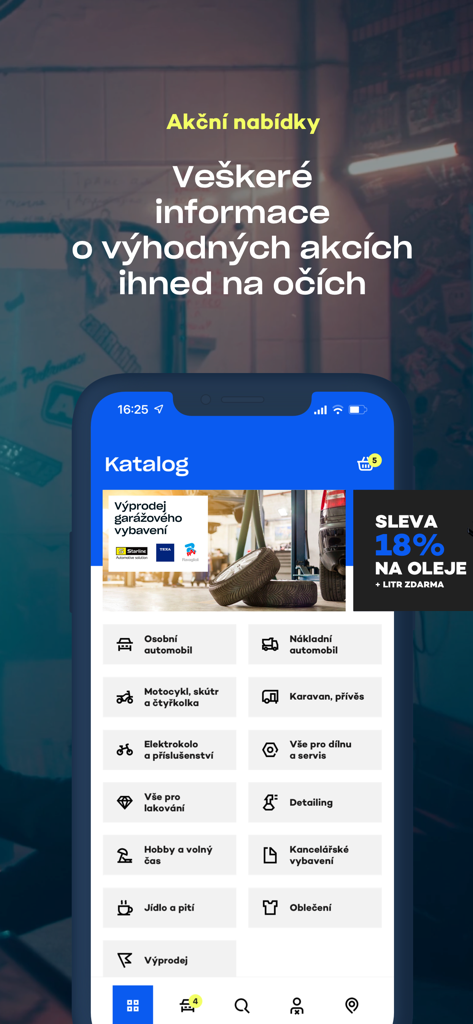 LKQ CZ - Interfaccia dell'app mobile che mostra varie categorie di ricambi auto e attrezzature per officine