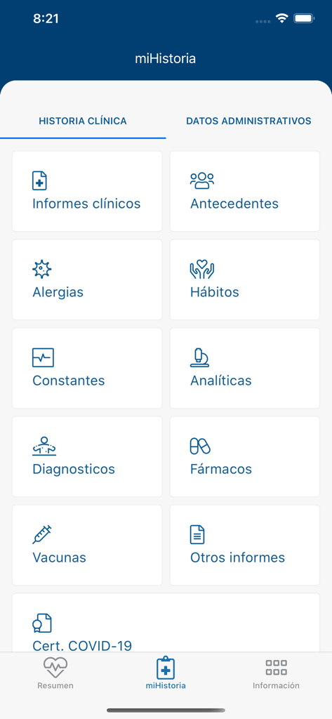 Panel de historial clínico de la aplicación miHistoria que muestra opciones de registros médicos