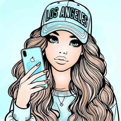 realistic beautiful girl wearing los ángeles cap holding an iphone
