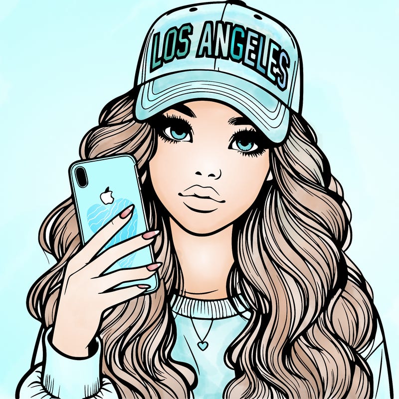 realistic beautiful girl wearing los ángeles cap holding an iphone