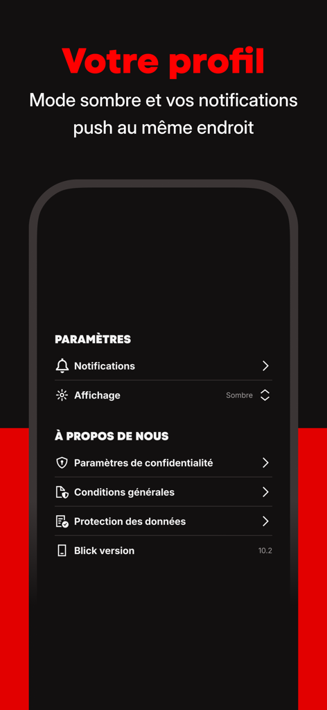 Blick Actualite et Sport app user profile screen featuring dark mode and push notification settings