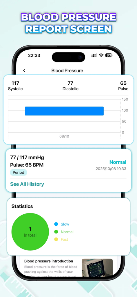Vitaria: Blood Tracker - Écran de rapport de tension artérielle de l'application Vitaria montrant les lectures systoliques et diastoliques et la fréquence du pouls