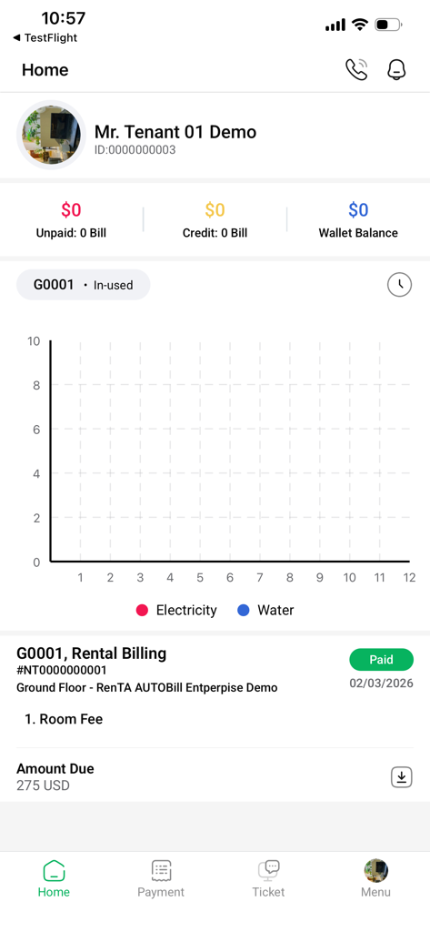 RenTA PORTAL - RenTA PORTAL app home screen featuring the tenant dashboard with utility usage tracking and rental billing details.