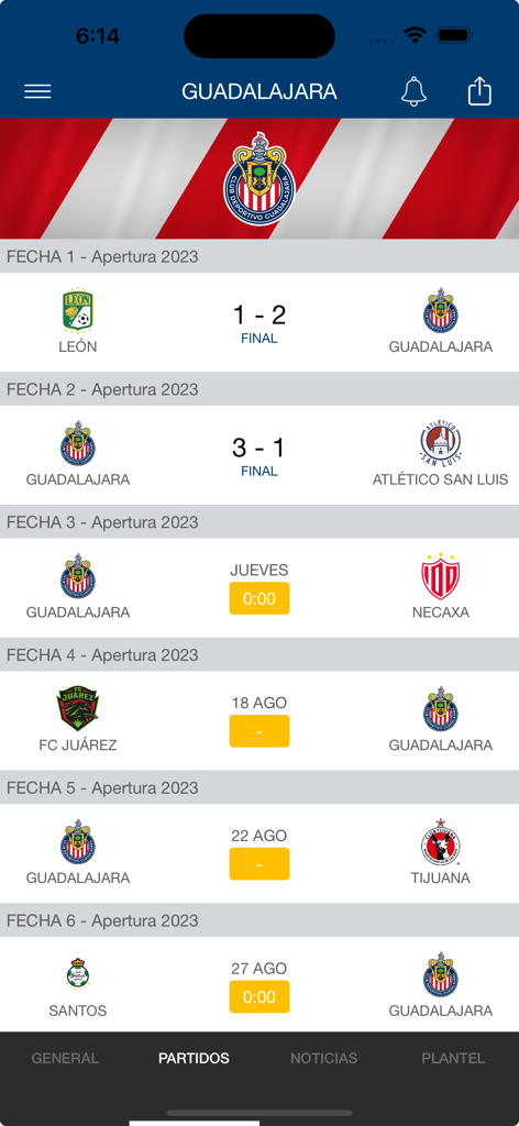 Pantalla de AppMX mostrando resultados de partidos y próximos calendarios para el equipo de fútbol de Guadalajara.