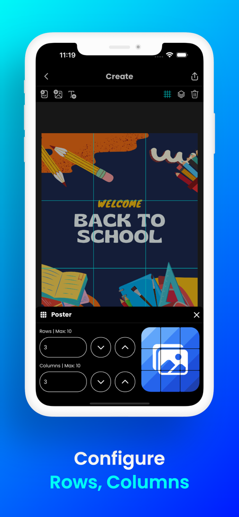 Docuslice - Poster Printing - Docuslice app interface showing a back to school poster divided into printable tiles for large scale printing
