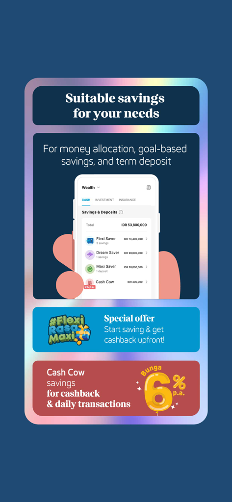 Jenius mobile app screen displaying various savings account options and interest rates