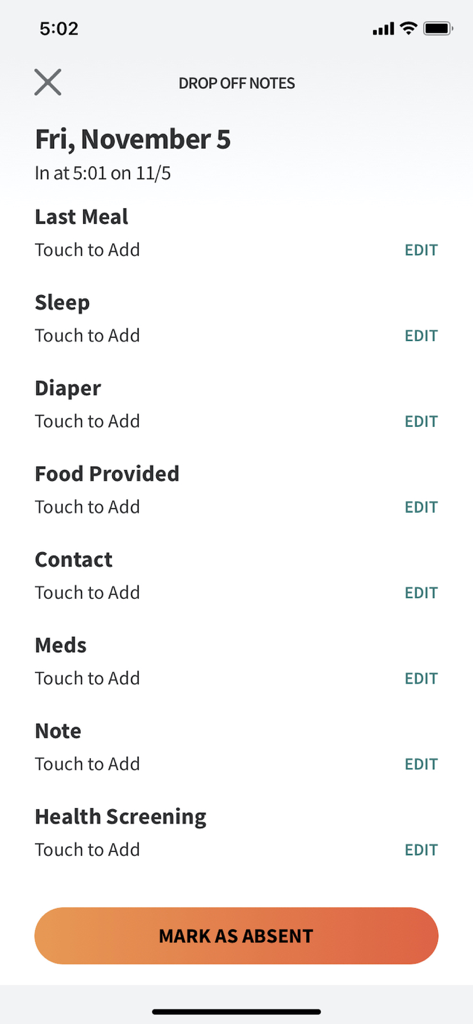 Interfaz de la aplicación Tadpoles Parent para ingresar notas de entrega diarias, incluyendo categorías para comidas, sueño y exámenes de salud