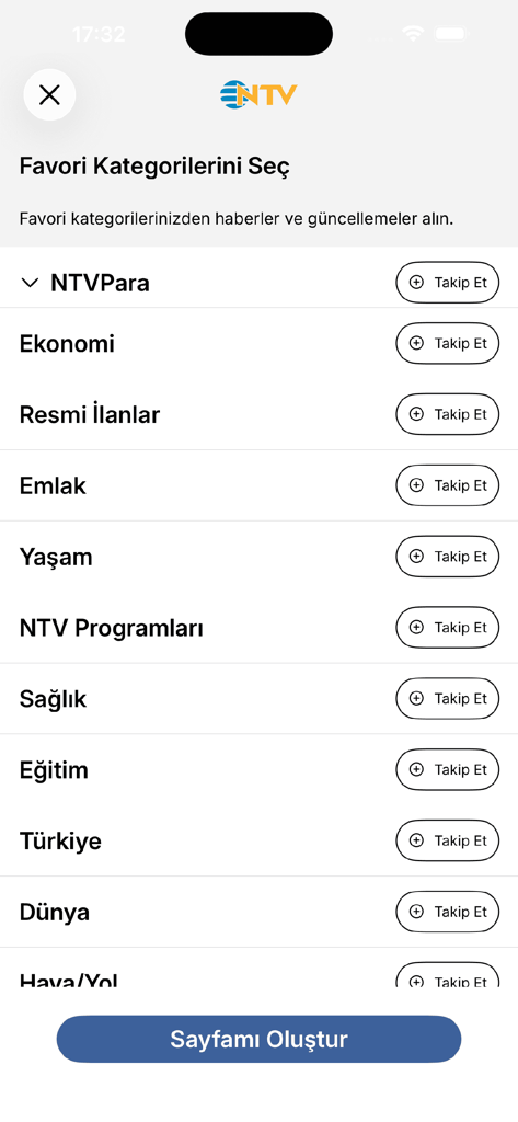 Interfaz de la aplicación móvil NTV mostrando una lista de categorías de noticias como finanzas, economía y salud con botones para seguir y personalizar el feed del usuario.