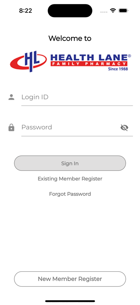 Health Lane Pharmacy - Login screen for the Health Lane Family Pharmacy app featuring login fields and member registration buttons
