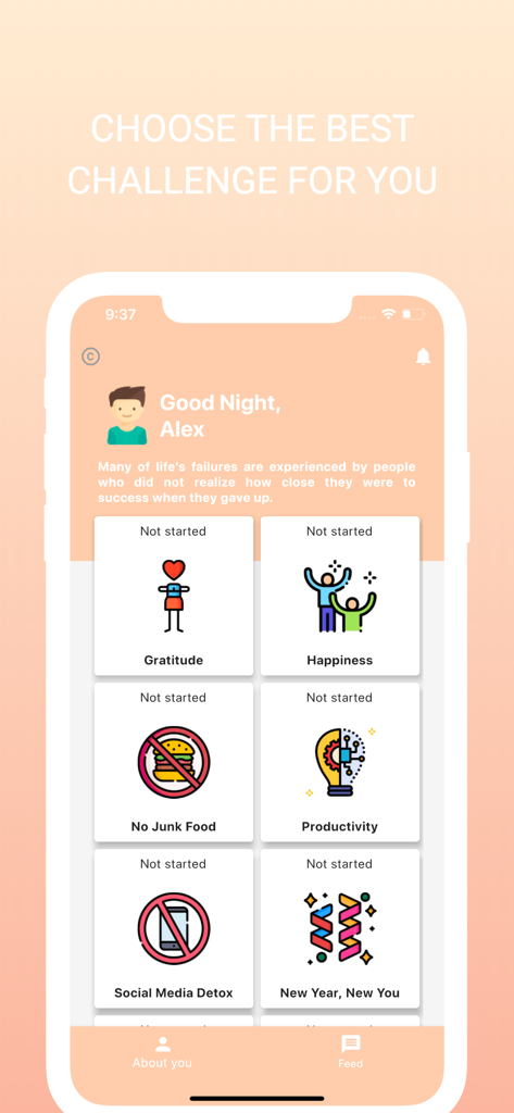 The 21 Days Challenge - The 21 Days Challenge app interface showing a dashboard with habit options like gratitude happiness and productivity