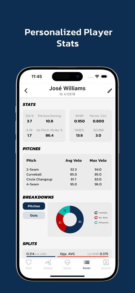 A mobile interface of the Charts Analytics app displaying detailed player performance statistics including pitch velocity and breakdown charts