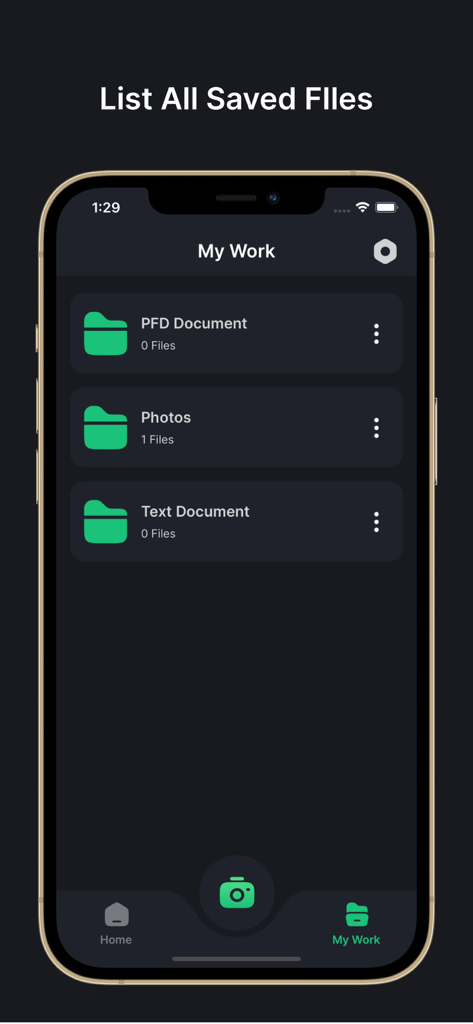 PDF Compressor: Size Reduce - Mobile app screen showing the My Work section with folders for PDF documents, photos, and text files.