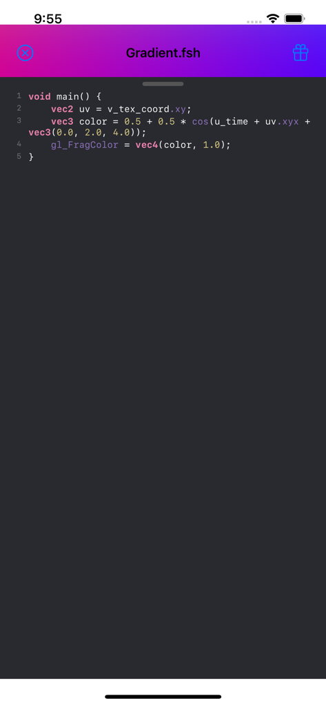 Shaderly - GLSL Shader Editor - Tela do aplicativo Shaderly mostrando o editor de código GLSL com realce de sintaxe