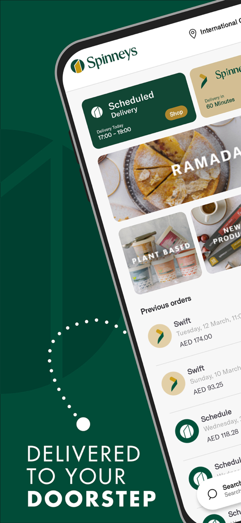 Spinneys mobile app interface showing grocery delivery options and order history
