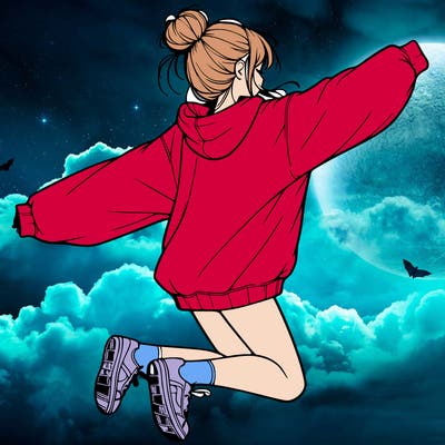 realistic girl jumping with a bun and oversized sweatshirt