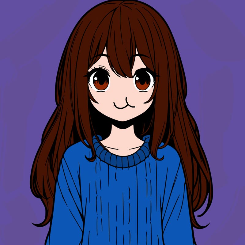 anime girl with straight hair, freckles, and is wearing a sweater