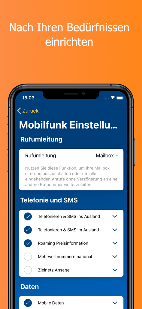 Settings interface of the Mein HoT app for configuring mobile data, roaming, and call forwarding.