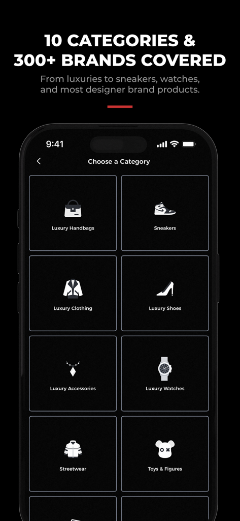 LegitApp Authentication - Screenshot of LegitApp showing categories for luxury authentication including handbags sneakers and watches