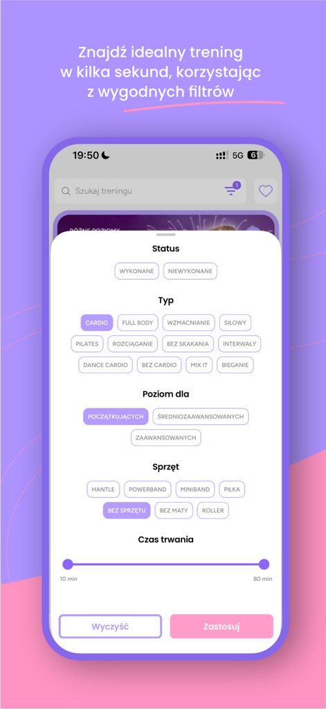 Codziennie Fit - Codziennie Fit app workout filter screen showing options for activity type difficulty level equipment and duration