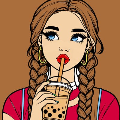 realistic girl with braided hair drinking boba
