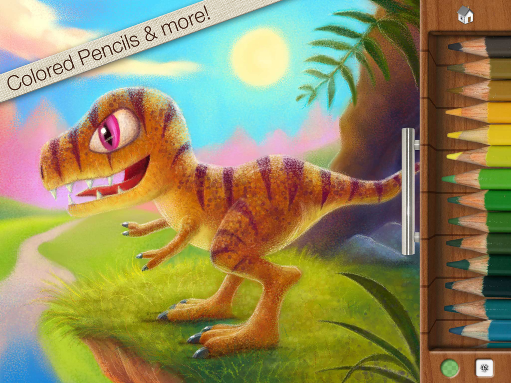 Drawing Pad - A colorful digital drawing of a dinosaur next to a tray of colored pencils in the Drawing Pad app