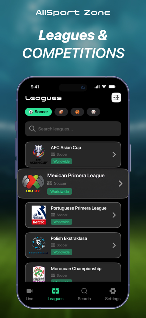 Live Football TV Soccer Score - Mobile app screen displaying a list of global soccer leagues including the Mexican Primera League and AFC Asian Cup