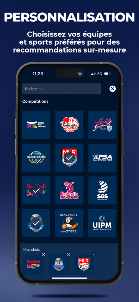 Sport en France - Sport en Franceアプリのインターフェース。ユーザーがお気に入りのスポーツやチームを選択してカスタムレコメンデーションを取得するパーソナライゼーション画面が表示されています。