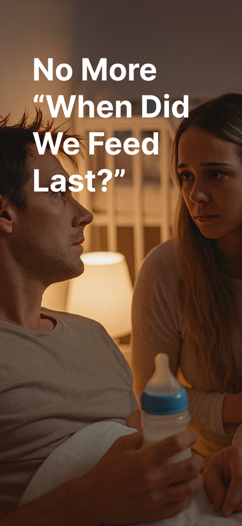 Müde Eltern, die nachts eine Babyflasche halten, mit dem Text Keine Rätsel mehr, wann wir zuletzt gefüttert haben.