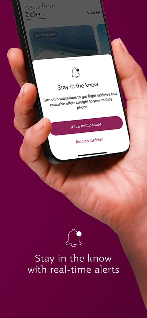 Écran du smartphone affichant les paramètres de mise à jour et de notification des vols Qatar Airways