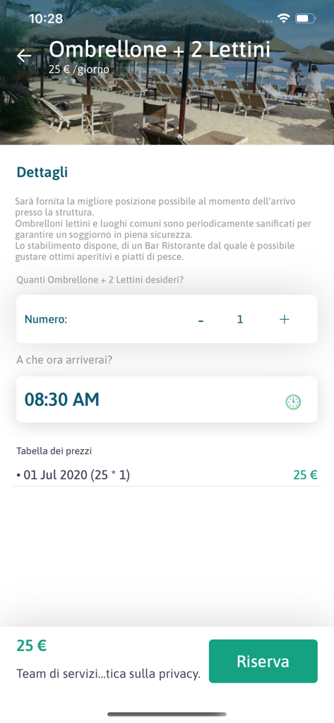 Elba Beaches - Interfaccia dell'app mobile che mostra una pagina di prenotazione per un ombrellone e due lettini con selezione del prezzo e dell'orario.