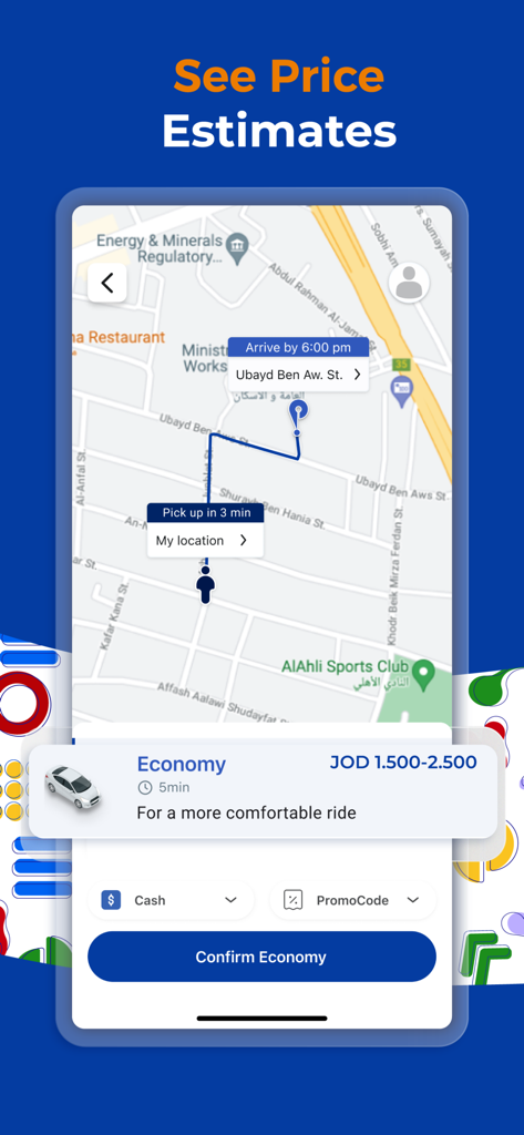 Petra Ride - Petra Ride mobile app interface showing a map route and price estimate for an economy ride