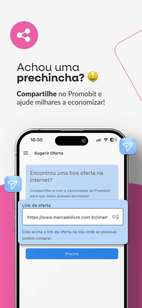 Promobit - Ofertas e Descontos - Interface do aplicativo Promobit para compartilhar um link de oferta com a comunidade