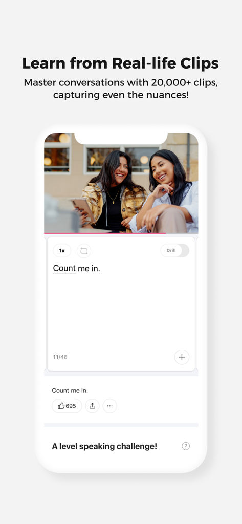 Écran mobile de l'application Cake montrant un extrait vidéo d'une conversation réelle pour l'apprentissage de l'anglais