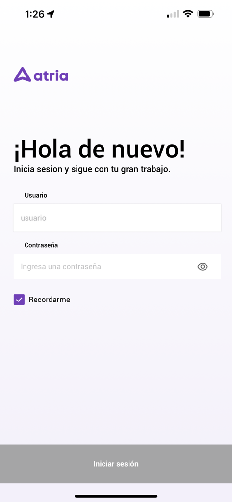 Atria - Pantalla de inicio de sesión de la aplicación de crédito automotriz Atria con campos para usuario y contraseña en español