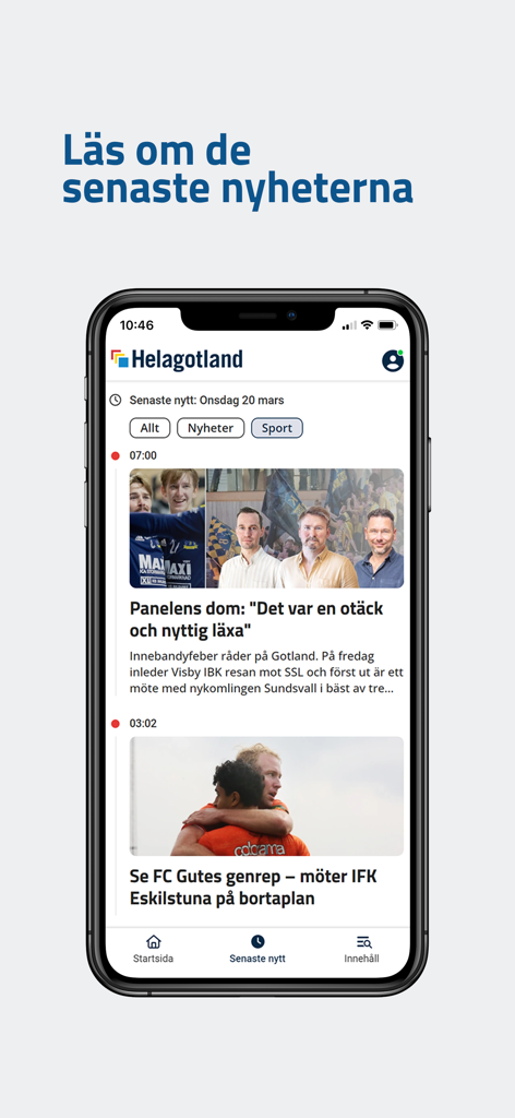 iPhone showing the Helagotland news app interface with local Swedish news articles and sports
