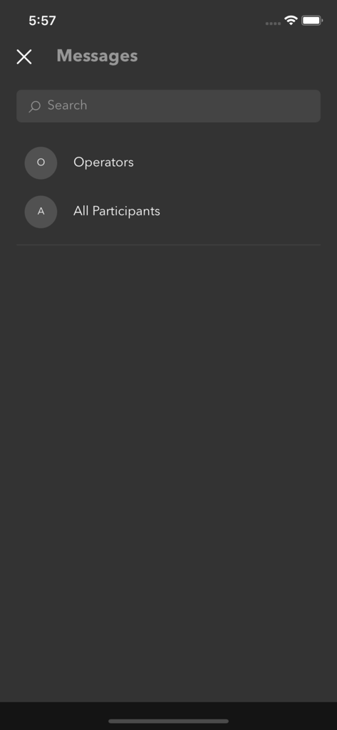 KUDO Live - Interface of the KUDO Live app showing message categories for Operators and All Participants.