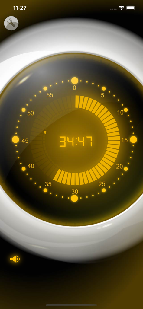 Best Kitchen Timer - Un'elegante app di timer da cucina circolare con un tema di colore ambra che mostra un conto alla rovescia digitale di 34:47