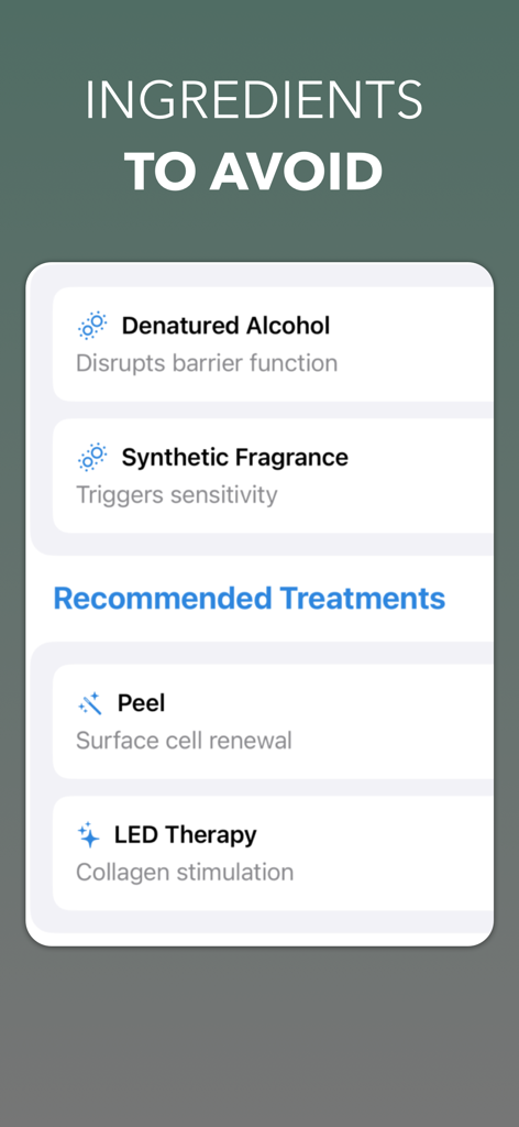 Face Skin Care Analysis⋆ - 피해야 할 성분과 권장 스킨케어 트리트먼트를 보여주는 모바일 앱 화면