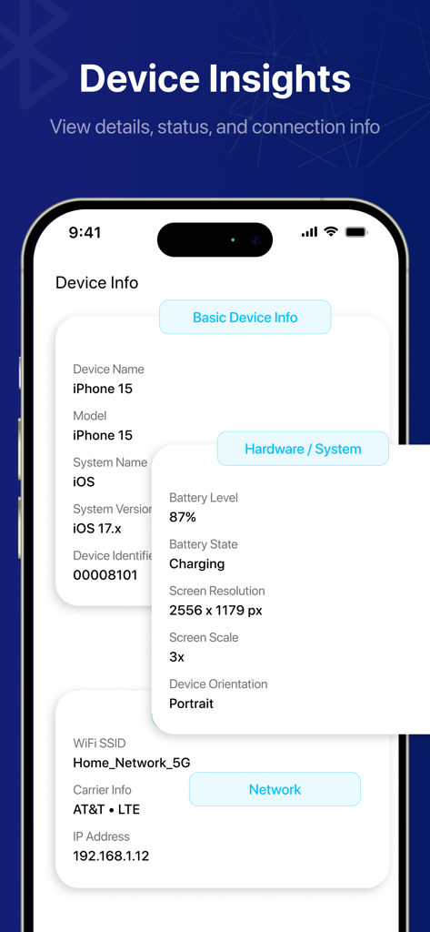 Bluetooth Auto Connect - Screenshot of the Device Insights screen showing hardware system and network connection details for an iPhone
