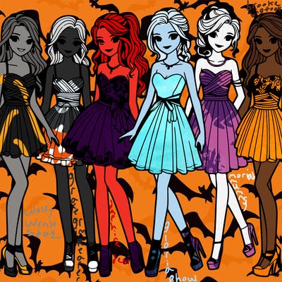 group of six teenage girls in prom dresses