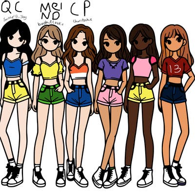 a group of girls wearing crop tops and shorts