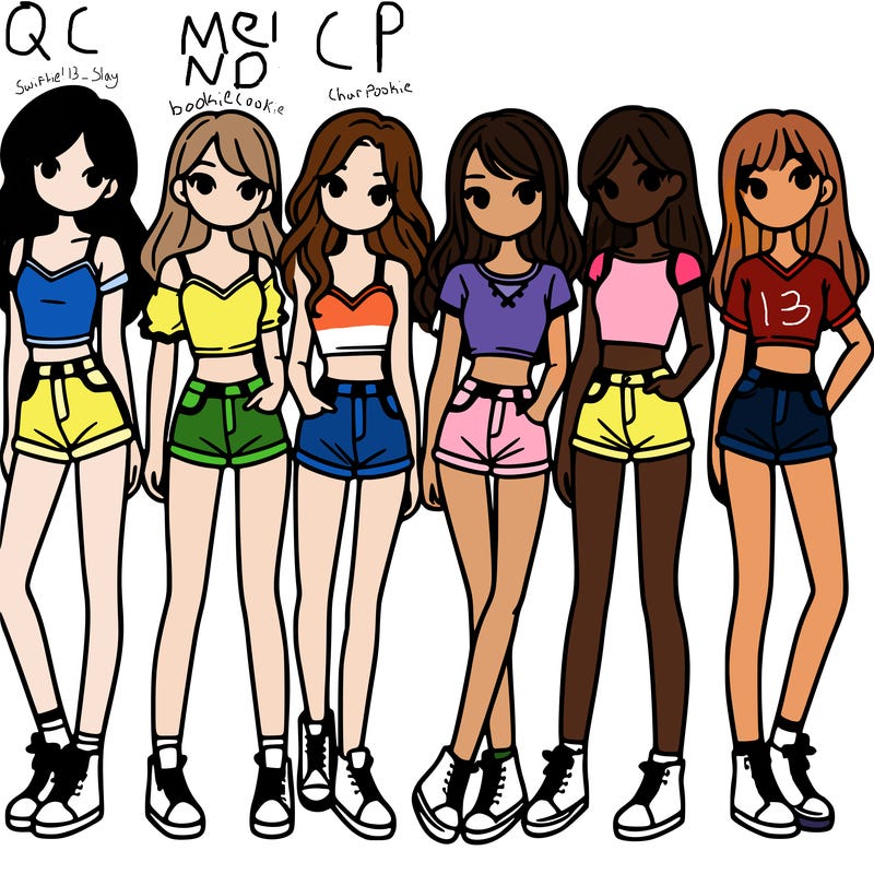 a group of girls wearing crop tops and shorts