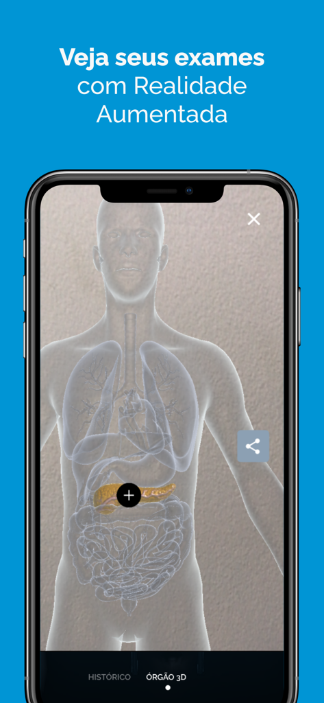 Laboratório - Paulo Azevedo - Pantalla de smartphone que muestra un modelo 3D de anatomía humana en realidad aumentada para ver resultados de exámenes médicos