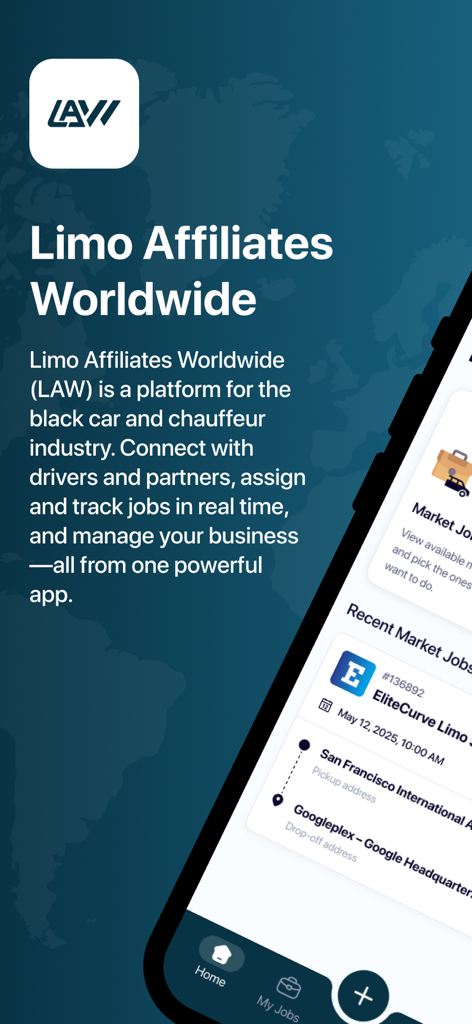 Limo Affiliates Worldwide app interface showing the black car industry marketplace and job tracking overview
