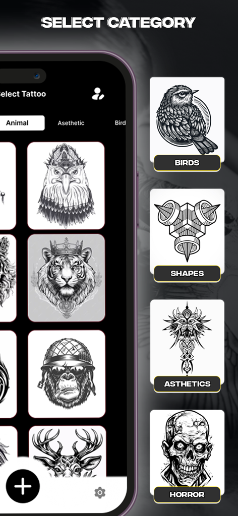 Draw Tattoo with Ink : AR - A mobile interface for selecting tattoo categories like animals birds and horror designs in the Draw Tattoo AR app